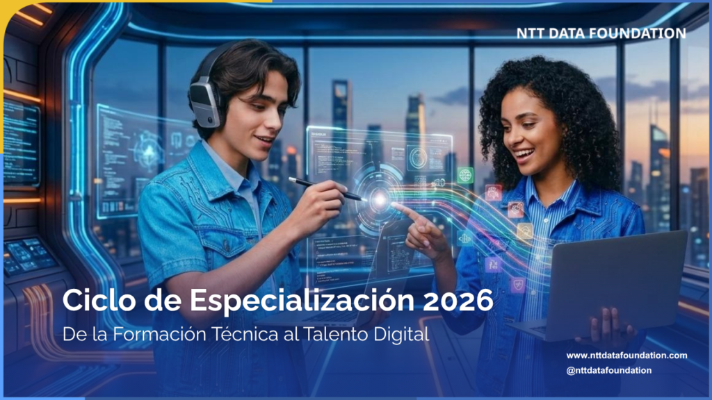 NTT DATA FOUNDATION presenta Ciclo de Especialización 2026: de la formación técnica al talento digital. Niños tocan pantalla digital en el aire.